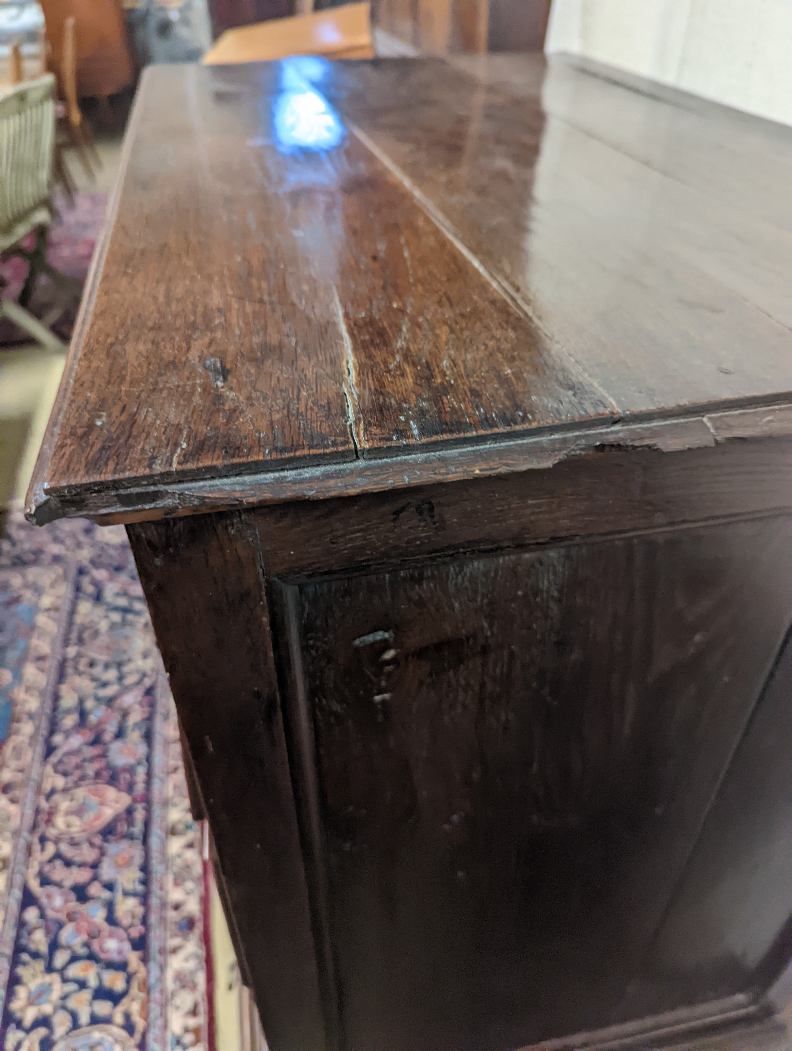 A mid 18th century oak chest on stand, width 89cm, depth 52cm, height 126cm